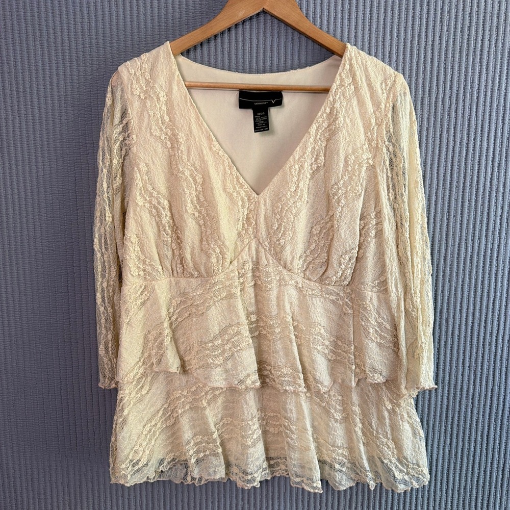 Venezia‎ Lace Peplum Top Career 18/20 Cream Semi Sheer Textured Layered